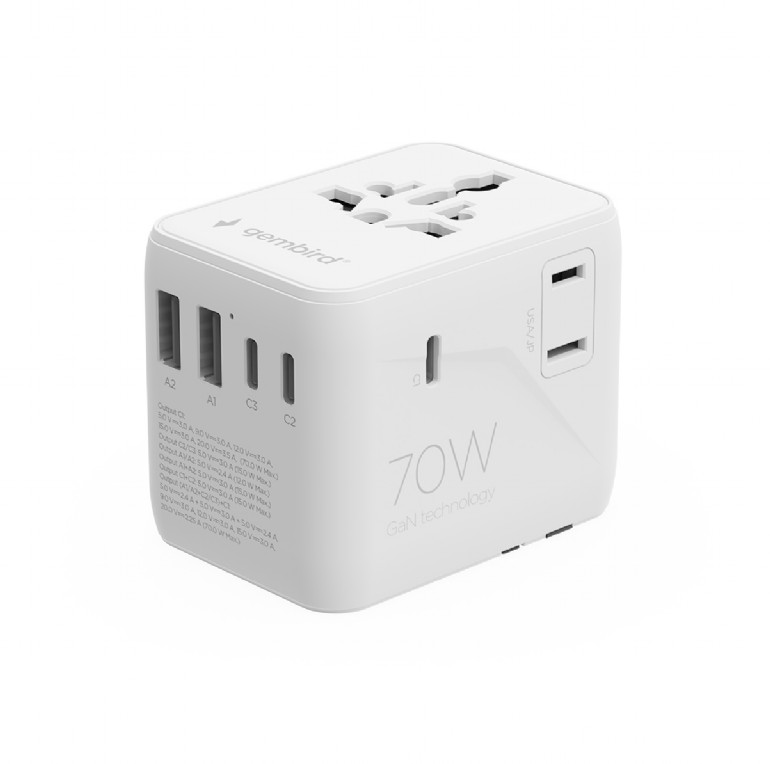 Gembird Universal travel power adapter, 70 W | TPA-2A3C70-01-W