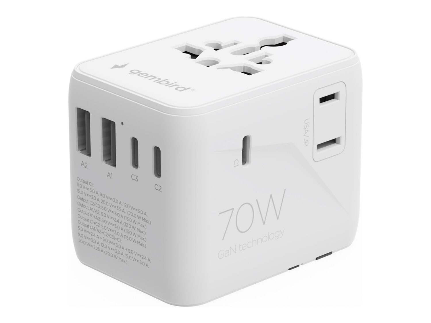 Gembird Universal travel power adapter, 70 W | TPA-2A3C70-01-W - Image 4