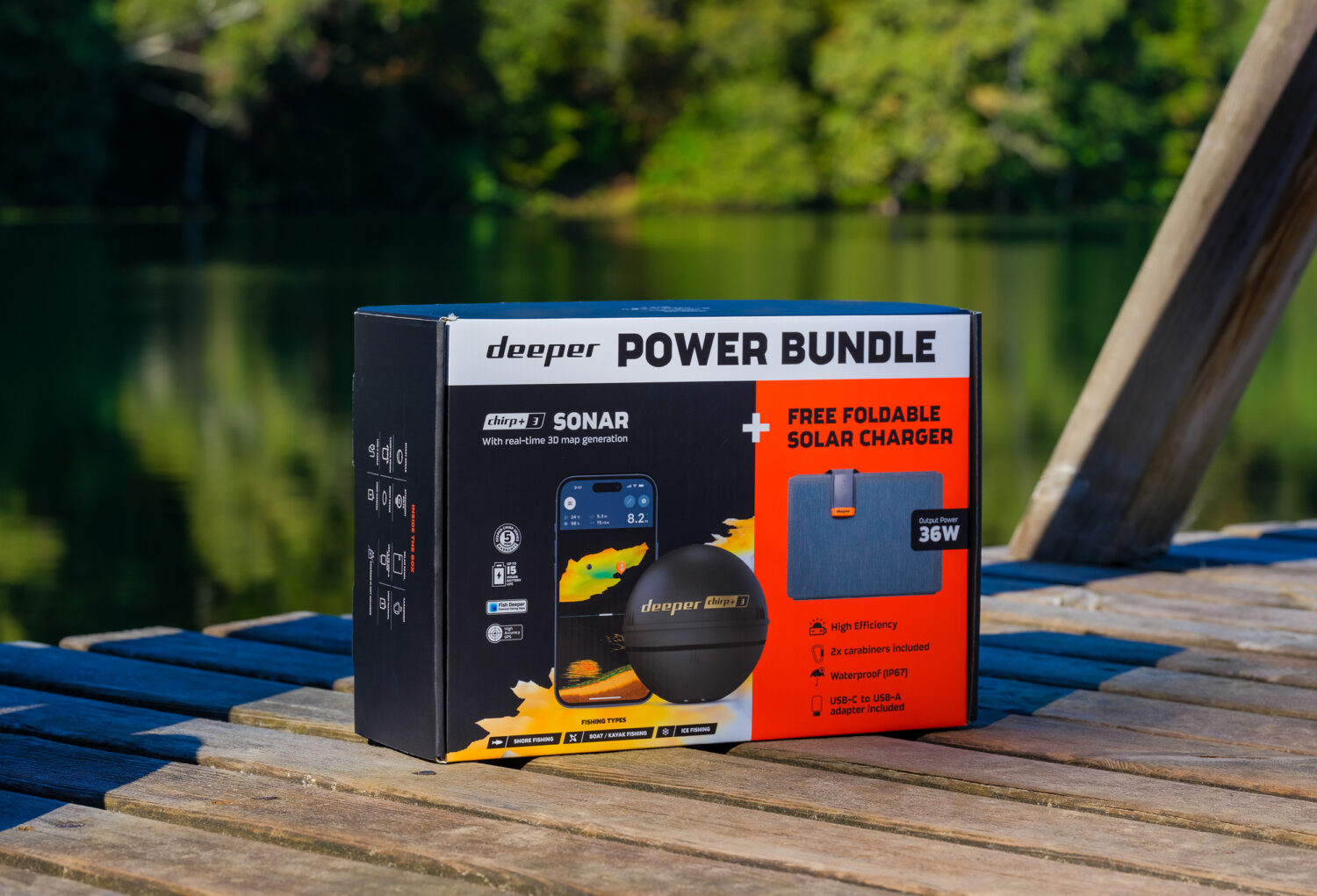 Deeper CHIRP+3 sonar +36W foldable solar charger power bundle