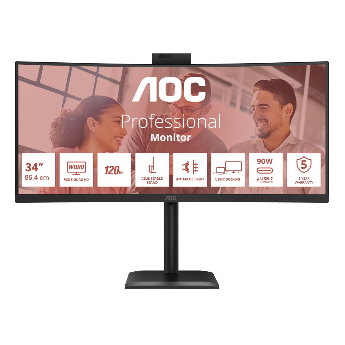AOC CU34E4CW | 34 " | VA | UWQHD | 120 Hz | 4 ms | 3440 x 1440 pixels | 350 cd/m² | HDMI ports quantity 2 | Black