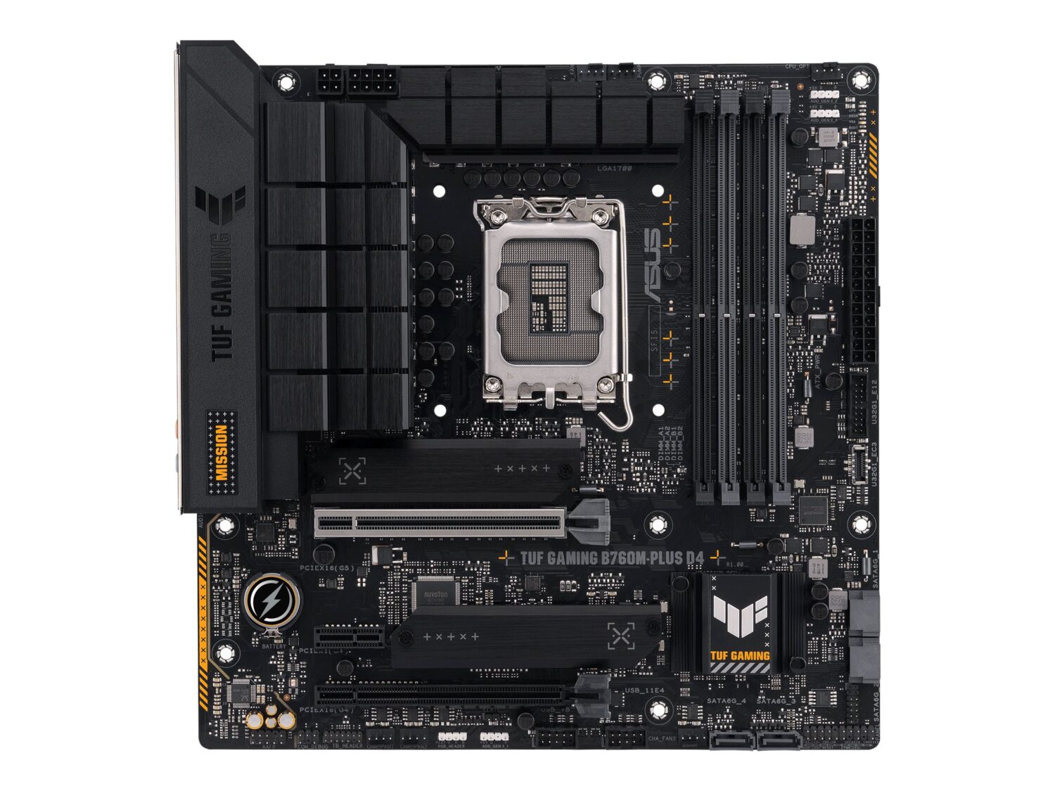 Asus | TUF GAMING B760M-PLUS D4 | Processor family Intel | Processor socket LGA1700 | DDR4 DIMM | Memory slots 4 | Supported hard disk drive interfaces SATA, M.2 | Number of SATA connectors 4 | Chipset Intel B760 | mATX