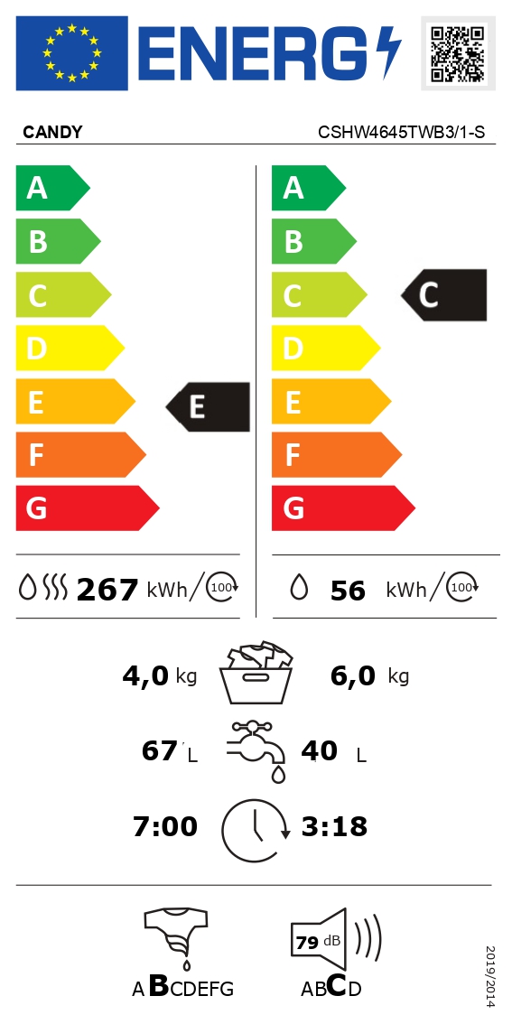 Candy Washing Machine with Dryer | CSHW4645TWB3/1-S | Energy efficiency class C/E | Front loading | Washing capacity 6 kg | 1400 RPM | Depth 45 cm | Width 60 cm | Display | Digit | Drying system | Drying capacity 4 kg | Steam function | White