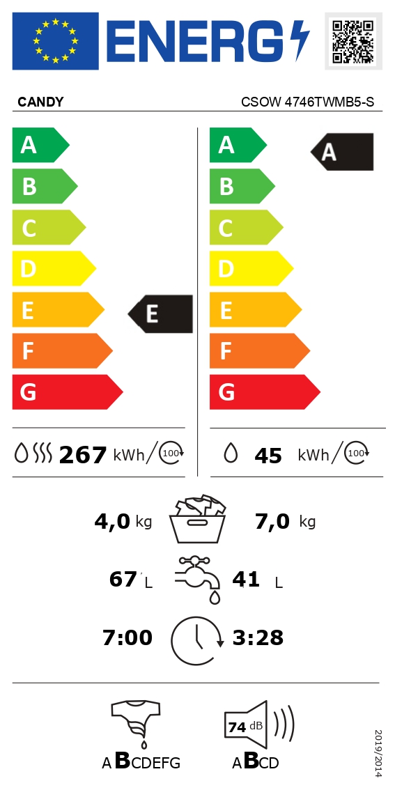 Candy Washing Machine with Dryer | CSOW 4746TWMB5-S | Energy efficiency class A/E | Front loading | Washing capacity 7 kg | 1400 RPM | Depth 45 cm | Width 60 cm | Display | Digit | Drying system | Drying capacity 4 kg | Steam function | Wi-Fi | White