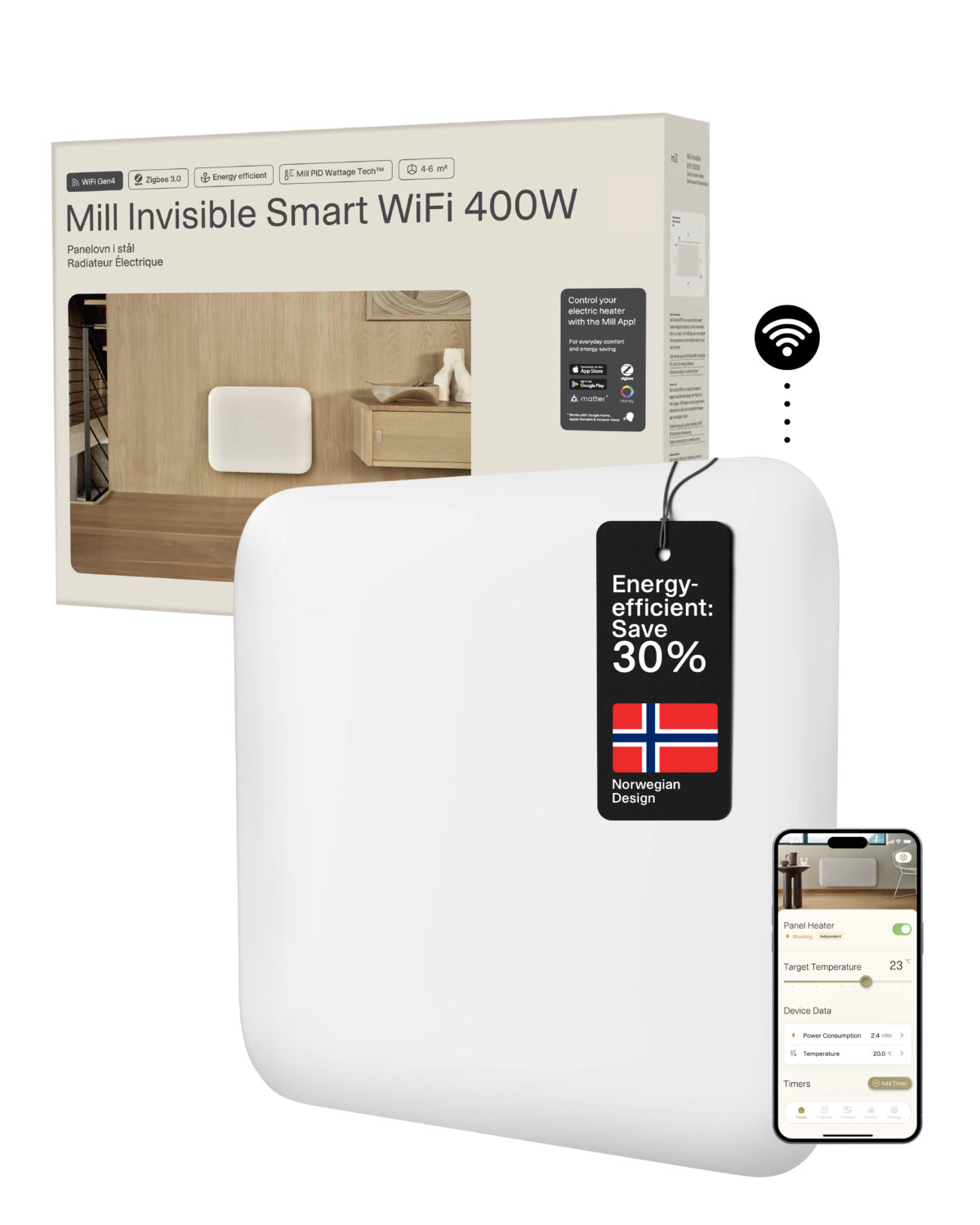Mill Invisible Smart WiFi Heater | PA400WIFI4 | Panel Heater | 400 W | Suitable for rooms up to 4-6 m² | White | IPX4 - Image 5
