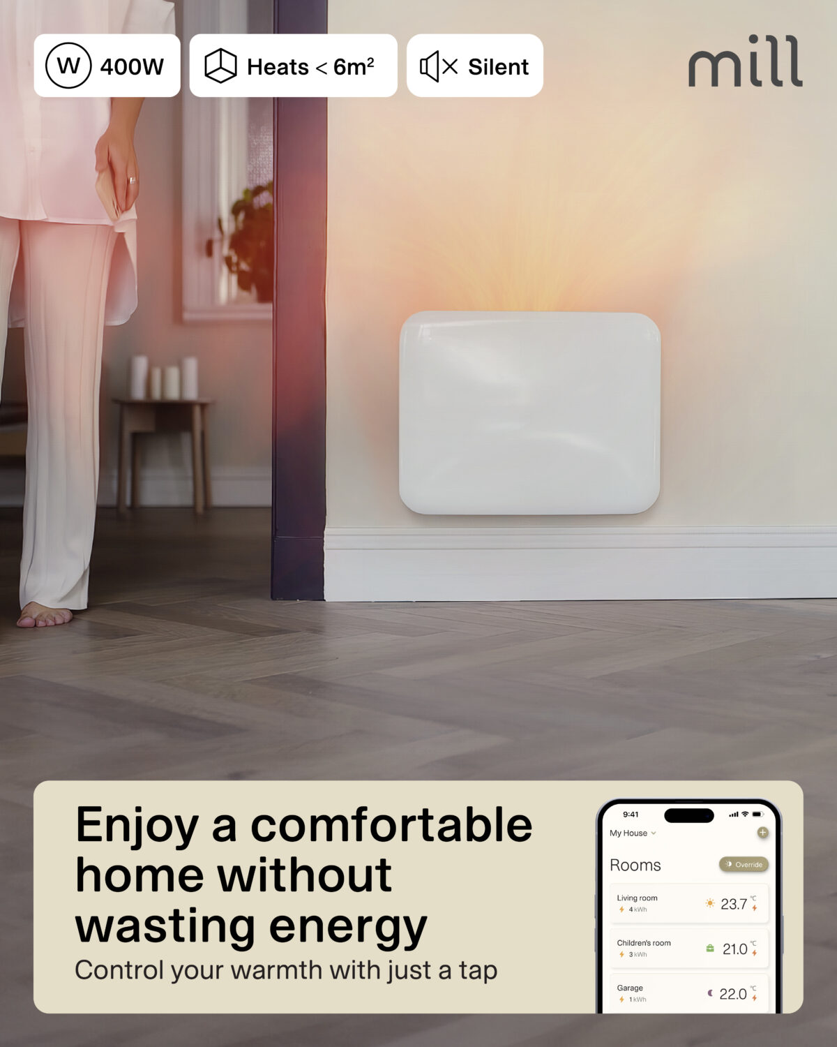 Mill Invisible Smart WiFi Heater | PA400WIFI4 | Panel Heater | 400 W | Suitable for rooms up to 4-6 m² | White | IPX4 - Image 6