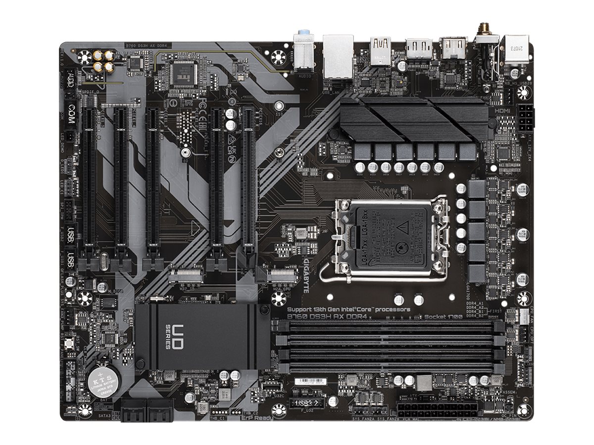 Gigabyte B760 DS3H AX DDR4 (rev. 1.x) | Processor family Intel | Processor socket LGA1700 | DDR4 | Supported hard disk drive interfaces M.2, SATA | Number of SATA connectors 2